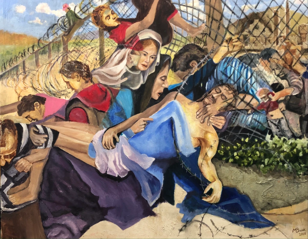This artwork is dedicated to all suffering Refugees. In 2017, BBC News was showing on TV many traumatic scenes from Aleppo . I was shocked seeing those war scenes mixed with western advertisements. I didn’t know that there was already not peace since 2012. 

My painting shows the group of the Refugees crossing the wire fence which are inspired by the media pictures.In the scene of the struggling people I placed Mary and Jesus inspired by Pietà Giovanni Bellini . 

All characters supposed to create dynamic atmosphere in the painted landscape of our present world.
This painting was also my personal reflection of suffering, traveling across the borders, meeting different people, cultures, religious leaders but also my personal statement about  fatherhood, motherhood, family and contemporary social issue.

It happened that artwork was finished during the Covid-19 lockdown in Singapore. We are facing another conflict which already brought more social interruptions in our society according to the Polish sociologist and philosopher Zygmunt Bauman. 

​Pictures of sufferings refugee recalled an image of Jesus and Mary in the very dramatic scene of Descanting from the Cross.